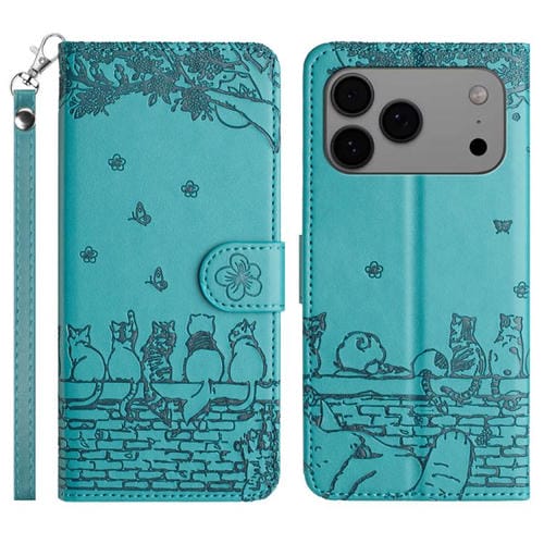 Funda de piel con estampado de gato en relieve para iPhone 17 Pro con cordón (azul)