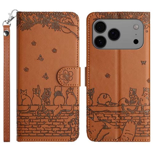 Funda de piel con estampado de gato y cordón para iPhone 17 Pro (marrón)