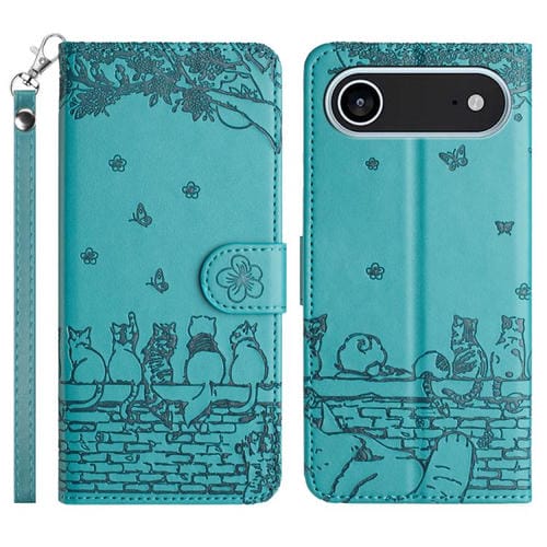 Funda de piel con estampado de gato en relieve para iPhone 17 Air con cordón (azul)