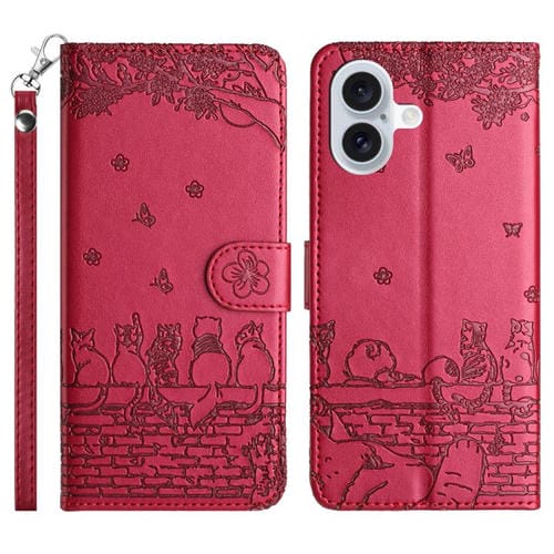 Funda de piel con estampado de gato y cordón para iPhone 17 (roja)