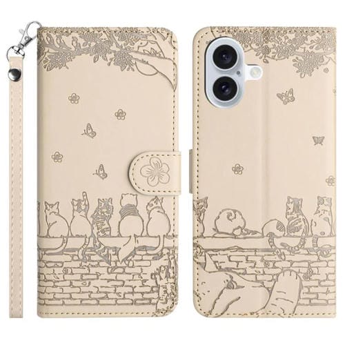 Funda de piel con estampado de gato y cordón para iPhone 17 (beige)