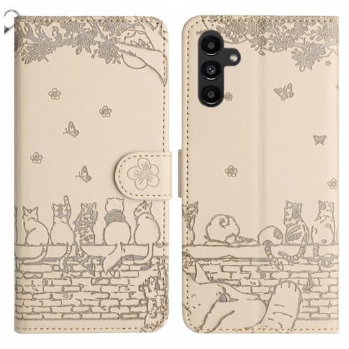 Funda para Samsung Galaxy A15 5G Cuero Estampado de Gato con Cordón (Beige)