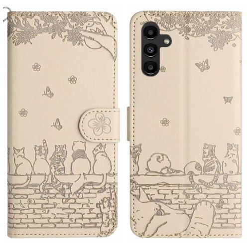 Funda de Cuero para Samsung Galaxy A35 con Estampado de Gato y CordĂłn (Beige)