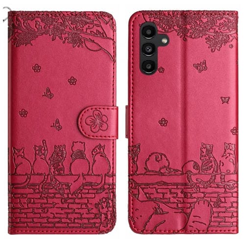 Funda de Cuero Samsung Galaxy A55 Estampado de Gato con CordĂłn (Rojo)