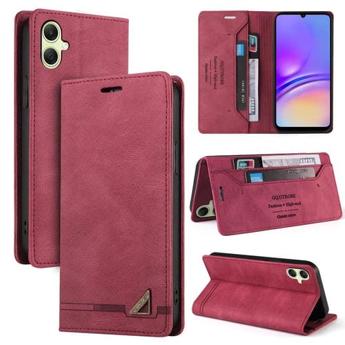 Funda de Cuero Samsung Galaxy A05 Skin Feel con Tapa Horizontal Cepillo Antirrobo y Soporte (Rojo Vino)