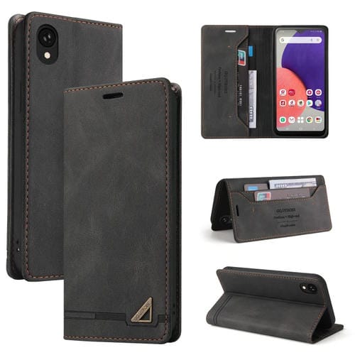 Funda de cuero Samsung Galaxy A22 5G Versión Jp con tapa horizontal, cepillo antirrobo y soporte (Negro)