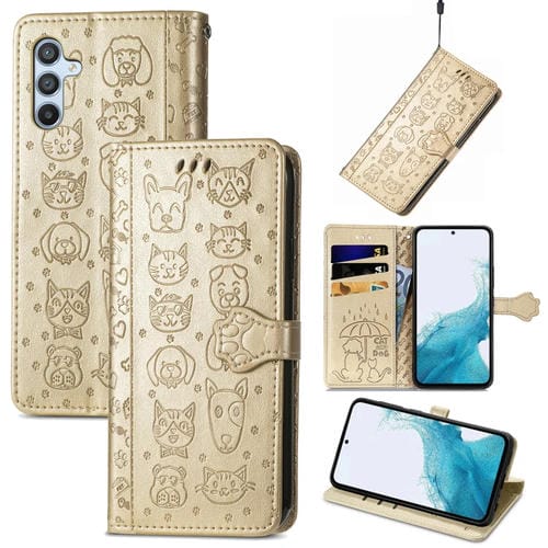 Para Samsung Galaxy A54 5G Cat and Dog Estuche de cuero en relieve para teléfono (Oro)