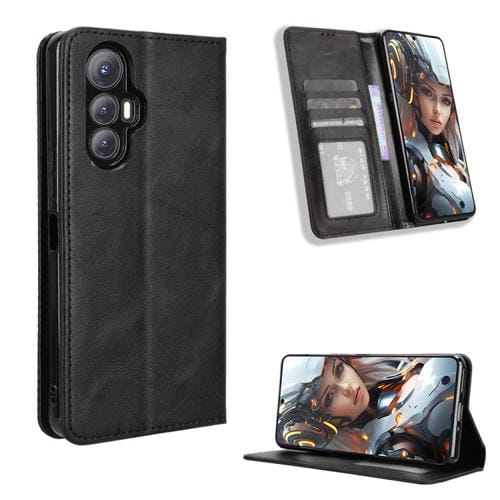 Funda de Cuero para Cubot Max 5 con Textura Retro y Hebilla Magnética (Negra)