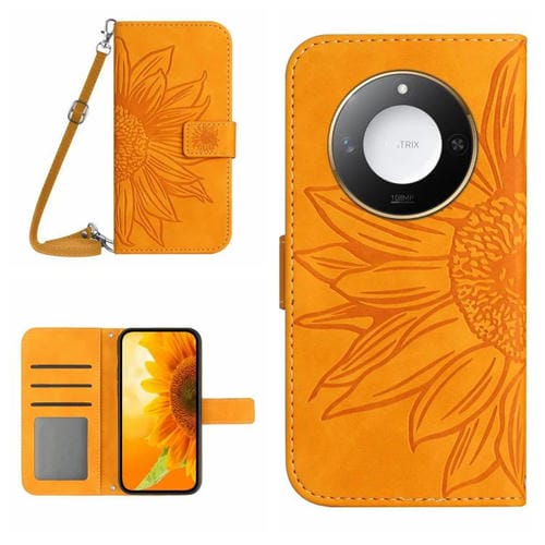 Funda de Cuero para Honor X9C con Diseño de Flores y Girasoles y Cordón (Amarillo)