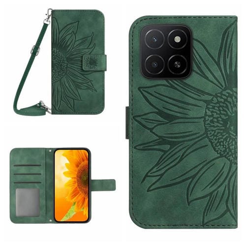Funda de Cuero Honor X8C 4G con Diseño de Girasol, Tacto Suave y Cordón (Verde)