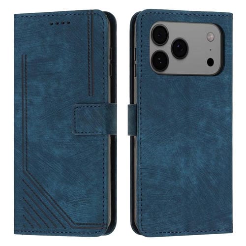Funda de piel con estampado de rayas y cordón para iPhone 17 Pro Max (azul)