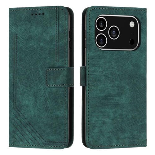 Funda de piel con estampado de rayas y cordón para iPhone 17 Pro (verde)