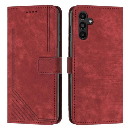 Funda de Cuero Samsung Galaxy A15 Skin Feel con Patrón de Rayas y Cordón (Rojo)