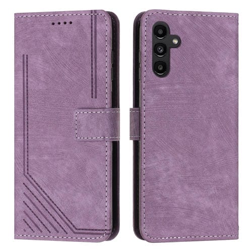 Funda de Cuero para Samsung Galaxy A55 Skin Feel con Patrón de Rayas y Cordón Largo (Púrpura)