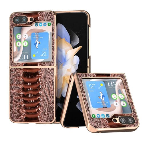 Funda de Teléfono Samsung Galaxy Z Flip5 Galvanoplastia Nano Serie Weilai Cuero Genuino (Café)