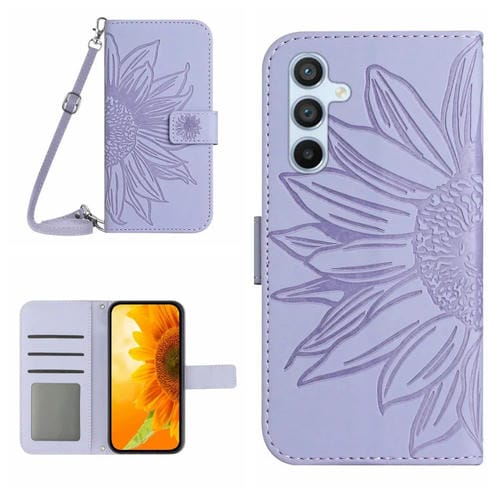 Funda de Cuero Samsung Galaxy A35 5G Skin Feel Sun Flower con Tapa en Relieve y Cordón (Púrpura)