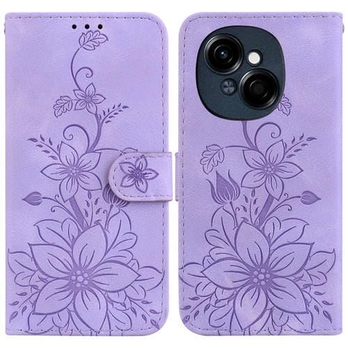 Funda de Cuero con Relieve de Lirios para Tecno Spark Go 1 y Pop 9 Pro (Morado)