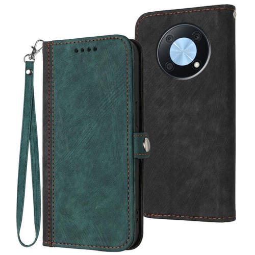 Funda de Cuero con Correa de Mano y Hebilla Lateral Doble para Huawei Enjoy 50 Pro/Nova Y90 (Verde Oscuro)