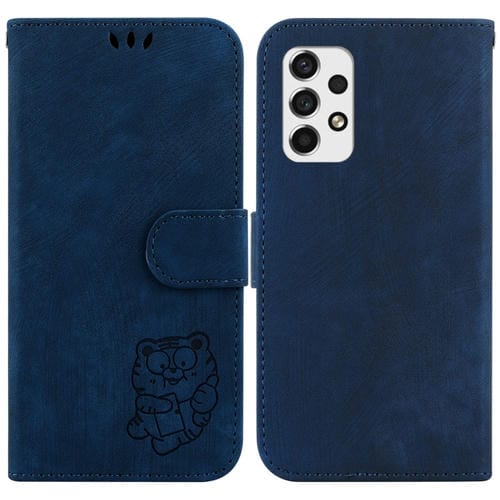 Para Samsung Galaxy A73 5G Funda para teléfono de cuero con relieve Little Tiger (azul oscuro)