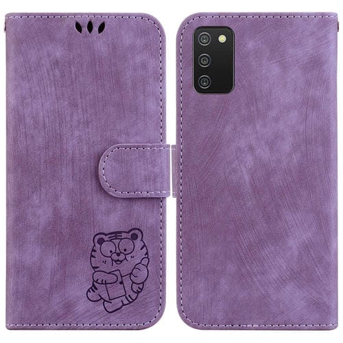 Para Samsung Galaxy A03s EU 166,5 mm Funda para teléfono de cuero con relieve Little Tiger (púrpura)