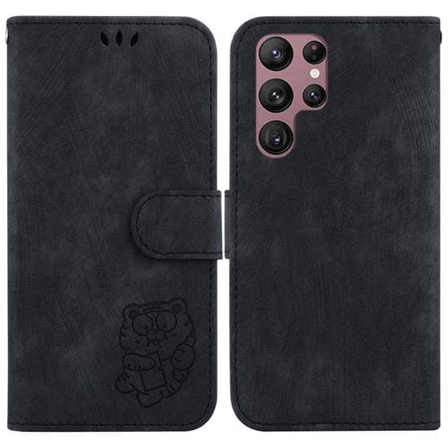 Para Samsung Galaxy S22 Ultra 5G Funda para teléfono de cuero con relieve Little Tiger (negro)