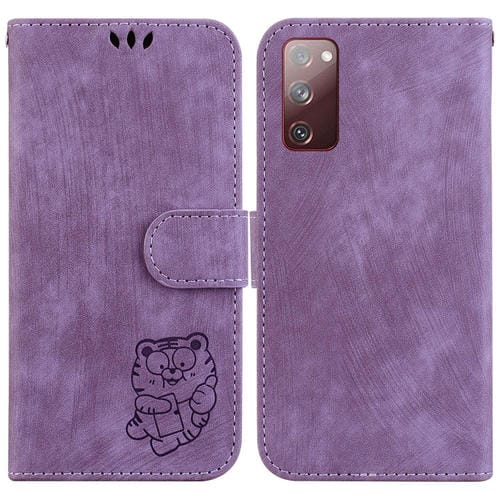 Para Samsung Galaxy S20 FE 5G Funda para teléfono de cuero con relieve Little Tiger (púrpura)