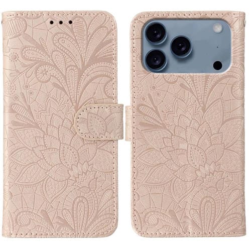 Funda de cuero con tapa y estampado floral de encaje para iPhone 17 Pro Max (oro rosa)