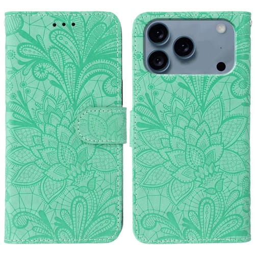 Funda de cuero con tapa y estampado floral de encaje para iPhone 17 Pro (verde)