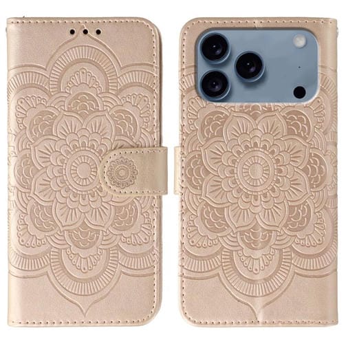 Funda de piel con estampado de mandala solar para iPhone 17 Pro Max (oro rosa)