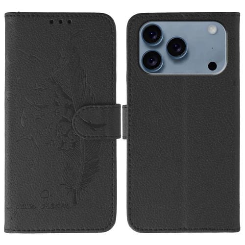 Funda de cuero con textura de lichi y estampado de plumas para iPhone 17 Pro Max (negra)
