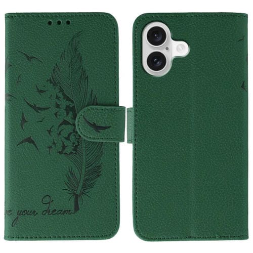 Funda de piel con textura de lichi y estampado de plumas para iPhone 17 (verde)