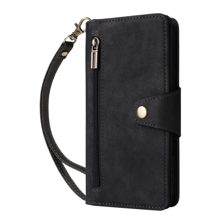 Funda de Cuero para iPhone 16 con Tres Pliegues y Hebilla de Remache (Negro)