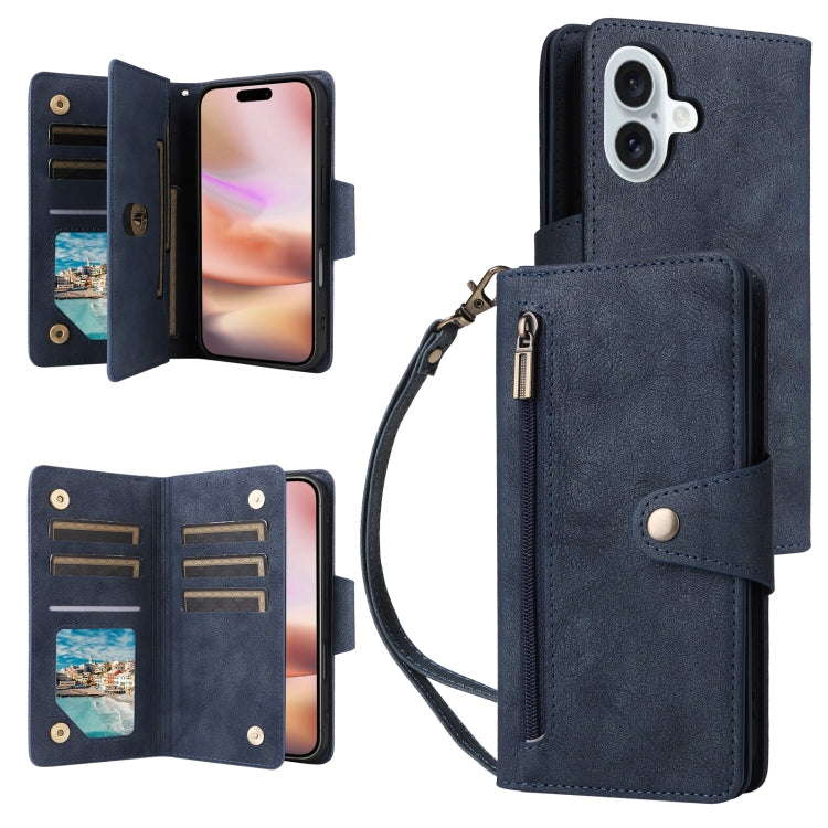 Funda de Cuero para iPhone 16 con Tres Pliegues y Hebilla de Remache (Azul)
