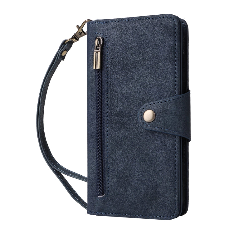 Funda de Cuero para iPhone 16 con Tres Pliegues y Hebilla de Remache (Azul)