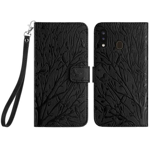 Funda para Teléfono Samsung Galaxy A20 / A30 Cuero Patrón En Relieve Tree Birds (Negro)