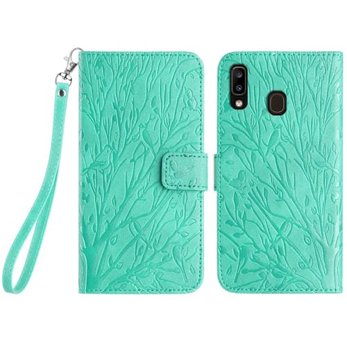 Funda para Teléfono Samsung Galaxy A20E Cuero Patrón En Relieve Tree Birds (Verde)
