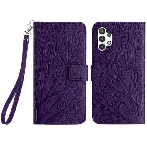 Funda para Teléfono Samsung Galaxy A32 4G Cuero con Patrón En Relieve de Pájaros y Árboles (Púrpura)