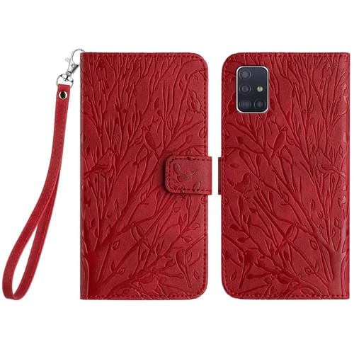 Funda para teléfono Samsung Galaxy A71 4G Cuero Patrón en Relieve Tree Birds (Rojo)