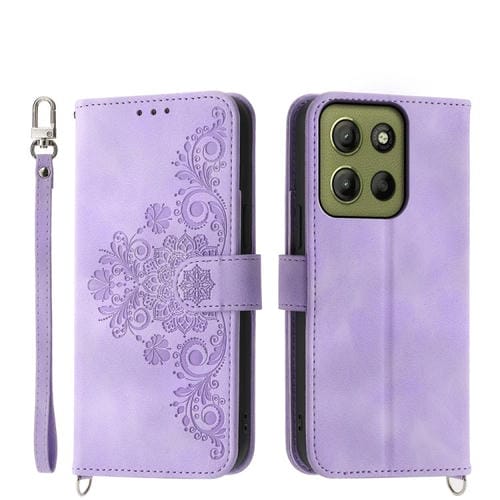 Funda de Cuero Tipo Billetera Motorola Moto G15 Diseño Flores En Relieve (Morado)