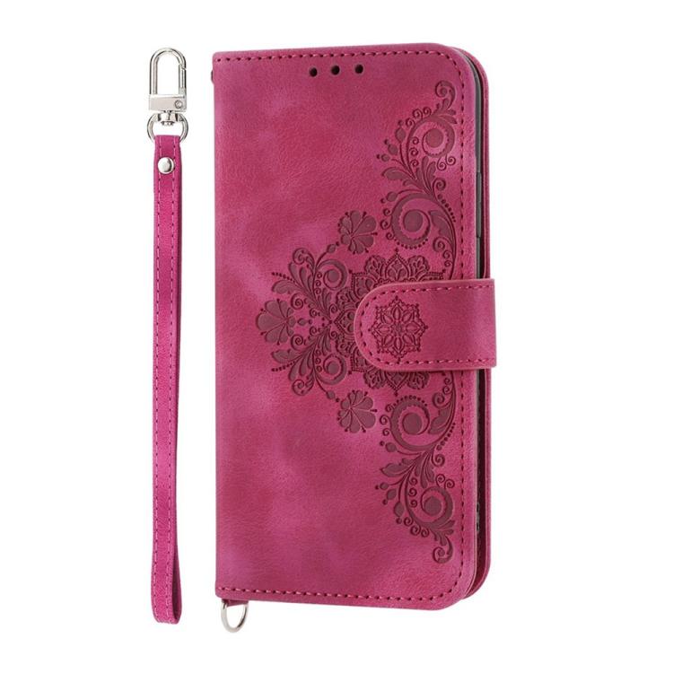 Funda de piel con relieve floral para Motorola Edge 60 Pro (rojo vino)