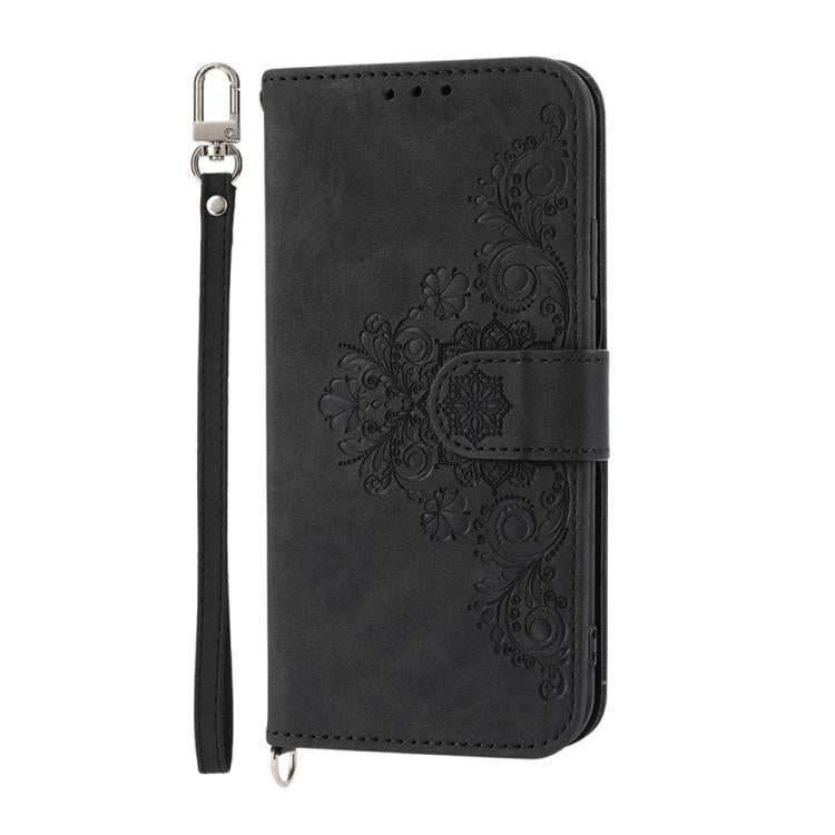 Funda de cuero con relieve floral para Motorola Edge 60 Fusion (negro)