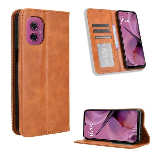 Funda de Cuero Motorola Moto G55 5G Textura Retro Hebilla Magnética (Marrón)