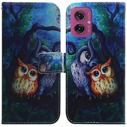 Funda de Cuero con Tapa para Motorola Moto G55 con Dibujo Colorido (Búho)