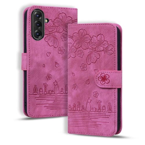 Funda de Piel con Relieve de Gato Sakura para Samsung Galaxy A56/A36 (Rosa)
