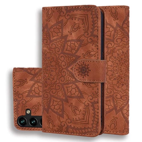 Funda para Teléfono Samsung Galaxy A35 5G Piel de Becerro Doble Pliegue Relieve Mandala (Marrón)