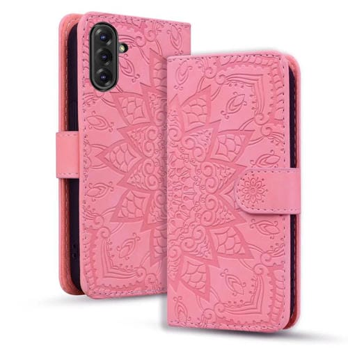 Funda de Piel de Becerro con Doble Pliegue y Diseño Mandala para Samsung Galaxy A36/A56 (Rosa)