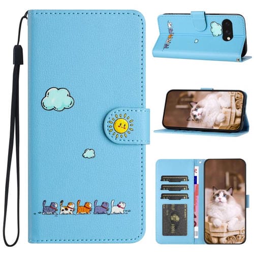 Funda de Cuero con Dibujos de Gatos para Google Pixel 9A (Azul)