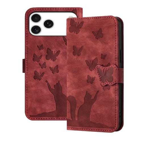 Funda de cuero con tapa y estampado de mariposa y gato para iPhone 17 Pro Max (roja)