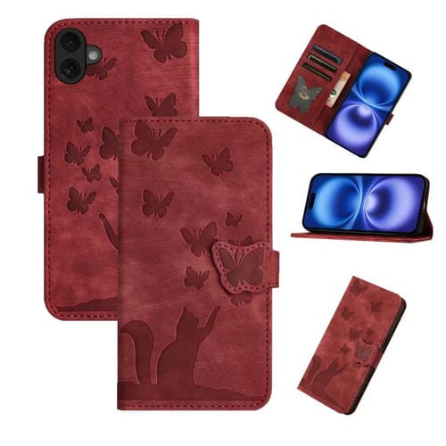 Funda de cuero con tapa y estampado de mariposa y gato para iPhone 17 (roja)