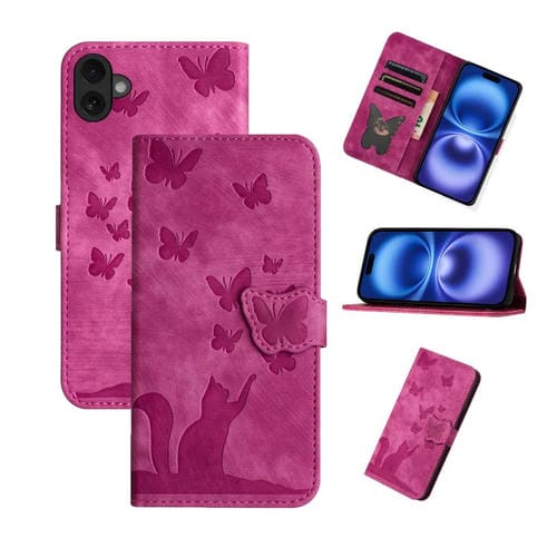Funda de cuero con tapa y estampado de mariposa y gato para iPhone 17 (rosa)